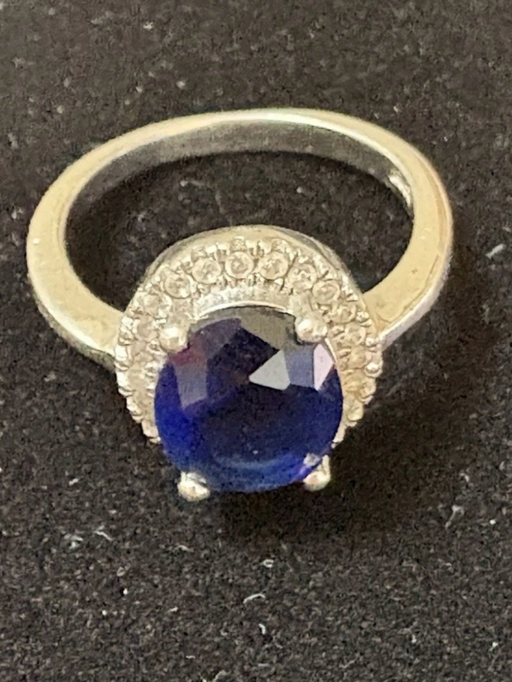 Sterling Silver 925 Ring with Deep Blue CZ  Center Stone and Pavé Accent